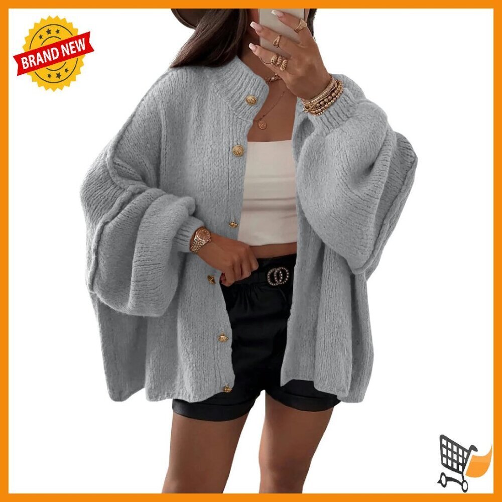 Oversized Chunky Knit Cardigan Long Lantern Sleeve Button Down Sweater